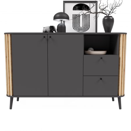 Sideboard Pure in grau und Artisan Eiche mit 3D-Lamellen Wohn- und Esszimmer Kommode 138 cm