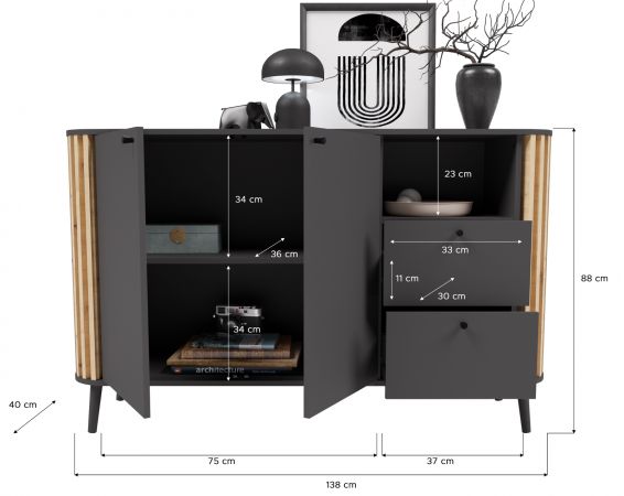Sideboard Pure in grau und Artisan Eiche mit 3D-Lamellen Wohn- und Esszimmer Kommode 138 cm