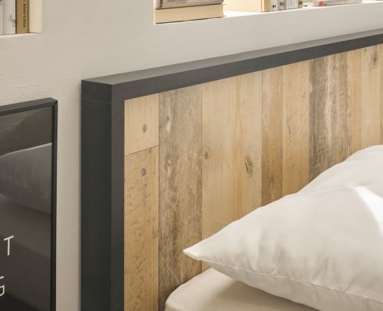 Schlafzimmer Set 3-teilig Stove in Used Wood hell und anthrazit mit Einzelbett Liegeflche 140 x 200 cm und 2 x Nachttisch