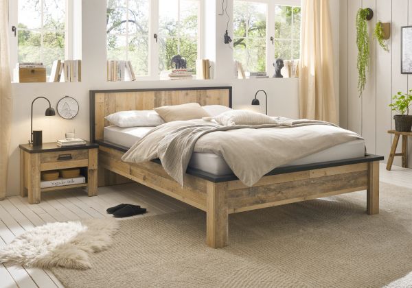 Schlafzimmer Set 3-teilig Stove in Used Wood hell und anthrazit mit Einzelbett Liegeflche 140 x 200 cm und 2 x Nachttisch