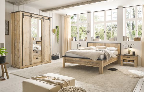 Schlafzimmer Set 4-teilig Stove in Used Wood hell und anthrazit mit Einzelbett 140 x 200 cm, Kleiderschrank und 2 x Nachttisch