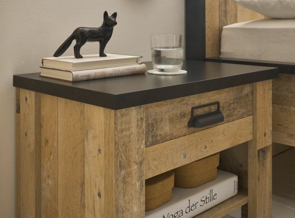 Schlafzimmer Set 4-teilig Stove in Used Wood hell und anthrazit mit Einzelbett 140 x 200 cm, Kleiderschrank und 2 x Nachttisch