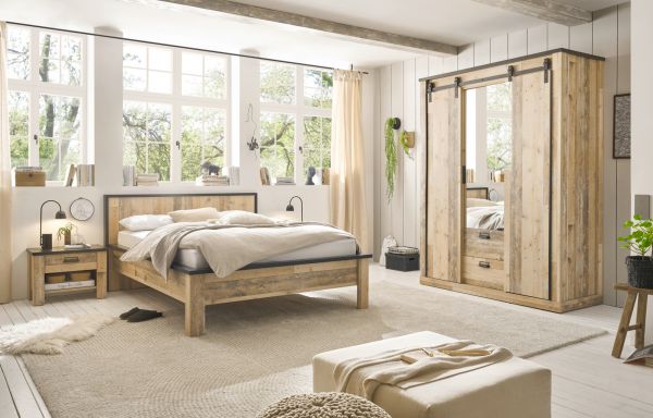 Schlafzimmer Set 4-teilig Stove in Used Wood hell und anthrazit mit Einzelbett 140 x 200 cm, Kleiderschrank und 2 x Nachttisch