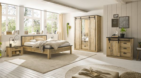 Schlafzimmer Set 4-teilig Stove in Used Wood hell und anthrazit mit Einzelbett 140 x 200 cm, Kleiderschrank und 2 x Nachttisch
