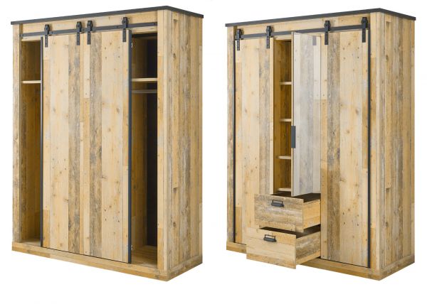 Schlafzimmer Set 4-teilig Stove in Used Wood hell und anthrazit mit Einzelbett 140 x 200 cm, Kleiderschrank und 2 x Nachttisch