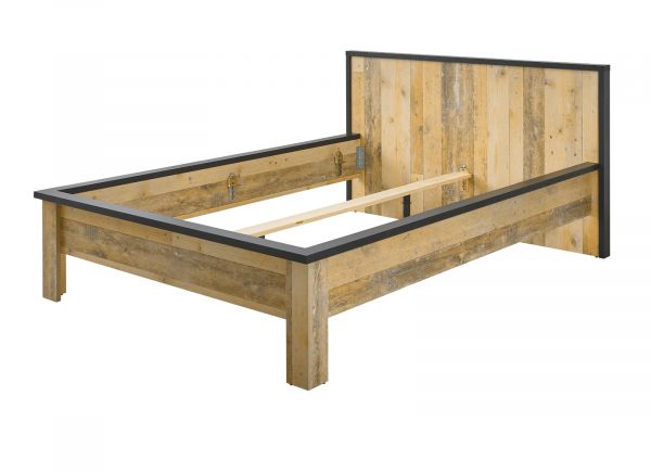Schlafzimmer Set 4-teilig Stove in Used Wood hell und anthrazit mit Einzelbett 140 x 200 cm, Kleiderschrank und 2 x Nachttisch