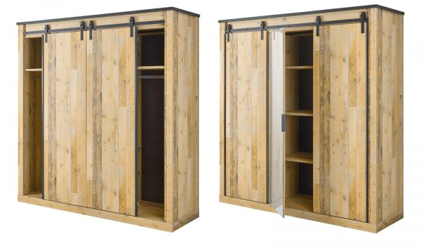 Schlafzimmer Set 6-teilig Stove in Used Wood hell und anthrazit mit Bett, Kleiderschrank, Wandboard, Sideboard und 2 x Nachttisch