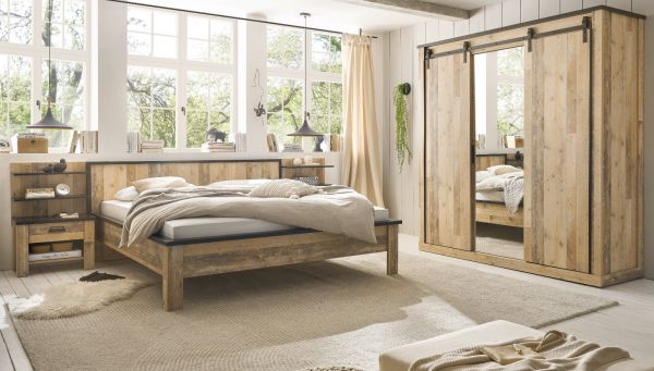 Schlafzimmer Set 6-teilig Stove in Used Wood hell und anthrazit mit Doppelbett 180 x 200 cm und Kleiderschrank