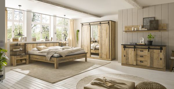 Schlafzimmer Set 6-teilig Stove in Used Wood hell und anthrazit mit Doppelbett 180 x 200 cm und Kleiderschrank