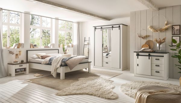 Schlafzimmer Set 4-teilig Stove in wei Pinie Landhaus mit Einzelbett 140 x 200 cm, Kleiderschrank und 2 x Nachttisch