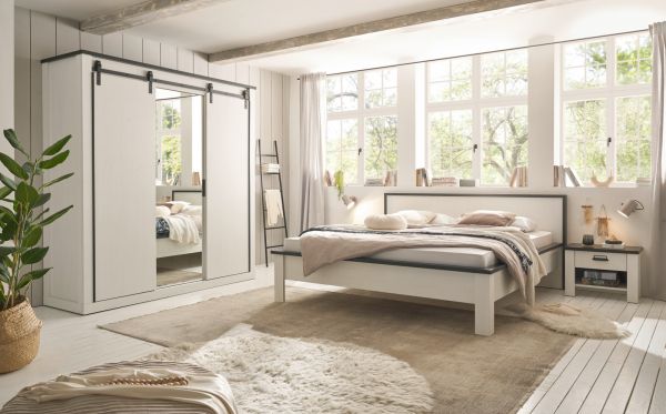 Schlafzimmer Set 4-teilig Stove in wei Pinie Lanhaus mit Doppelbett 180 x 200 cm, Kleiderschrank und 2 x Nachttisch