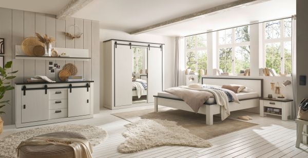 Schlafzimmer Set 4-teilig Stove in wei Pinie Lanhaus mit Doppelbett 180 x 200 cm, Kleiderschrank und 2 x Nachttisch