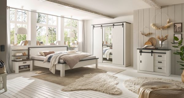 Schlafzimmer Set 7-teilig Stove in wei Pinie Landhaus mit Bett, Kleiderschrank, 2 x Nachttisch, 2 x Wandpaneel und Kommode
