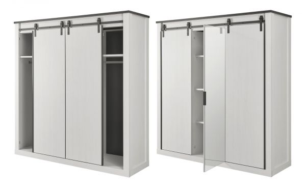 Schlafzimmer Set 7-teilig Stove in wei Pinie Landhaus mit Bett, Kleiderschrank, 2 x Nachttisch, 2 x Wandpaneel und Kommode