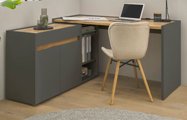 Brombel Set Center in grau matt und Wotan Eiche mit Schreibtisch, Kommode und Aktenregal fr Homeoffice