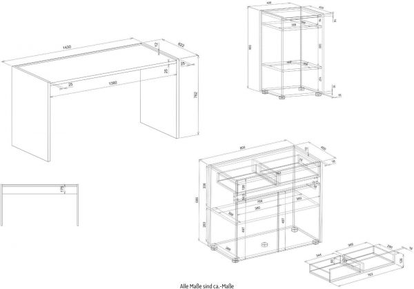 Brombel Set Center in grau matt und Wotan Eiche mit Schreibtisch, Kommode und Aktenregal fr Homeoffice