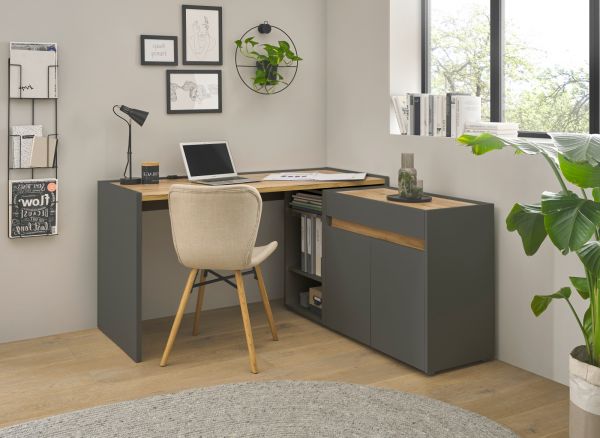 Brombel Set Center in grau matt und Wotan Eiche mit Schreibtisch, Kommode und Aktenregal fr Homeoffice