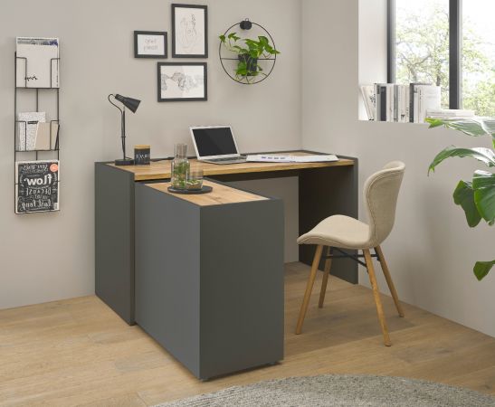 Brombel Set Center in grau matt und Wotan Eiche mit Schreibtisch, Kommode und Aktenregal fr Homeoffice