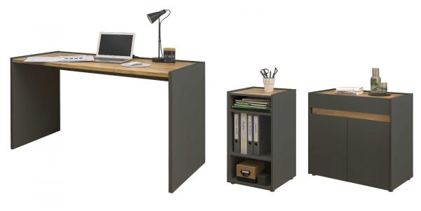 Brombel Set Center in grau matt und Wotan Eiche mit Schreibtisch, Kommode und Aktenregal fr Homeoffice