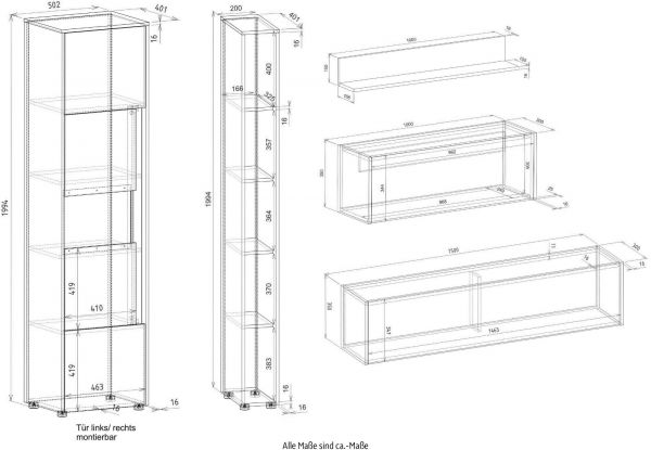 Wohnwand mit Sekretr Center in grau matt und Wotan Eiche Wohnkombination 5-teilig 340 x 200 cm