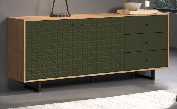 Sideboard Sentra in grn matt mit 3-D Struktur und Eiche Artisan Wohn- und Esszimmer Kommode 183 cm