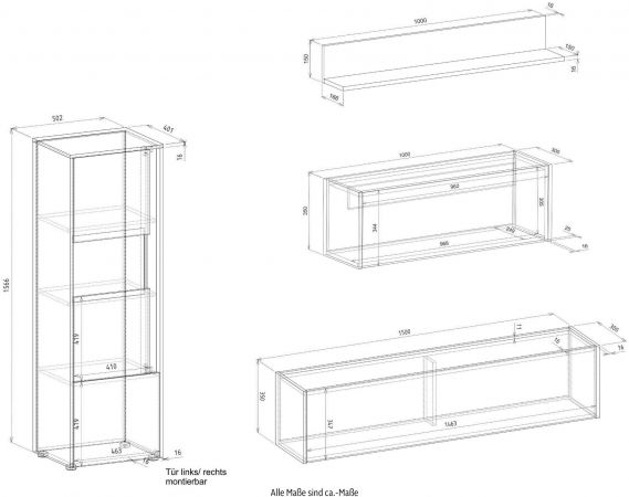 Wohnwand mit Sekretr Center in wei und Wotan Eiche Wohnkombination 5-teilig 410 x 170 cm