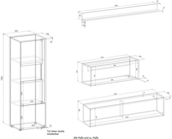 Wohnwand mit Sekretr Center in wei und Wotan Eiche Wohnkombination 4-teilig 320 x 170 cm