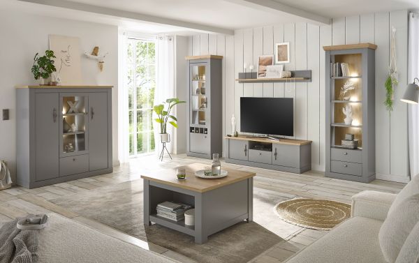 Buffet Rideau in grau und Artisan Eiche Landhaus groer Buffetschrank mit Flaschenregal 183 x 206 cm