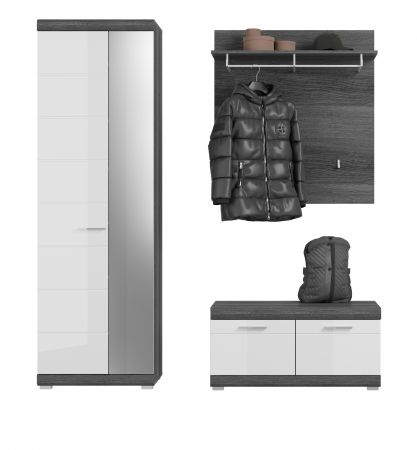 Garderobe Set 3-teilig Scout in wei Hochglanz und Rauchsilber grau Garderobenkombination 167 x 197 cm