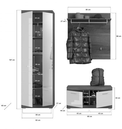 Garderobe Set 3-teilig Scout in wei Hochglanz und Rauchsilber grau Garderobenkombination 167 x 197 cm