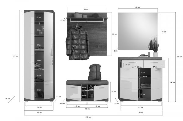 Garderobe Set 5-teilig Scout in wei Hochglanz und Rauchsilber grau Garderobenkombination 272 x 197 cm