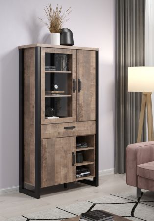 Vitrine Emile in Eiche Tabak und schwarz Wohn- und Esszimmer Vitrinenschrank 106 x 195 cm