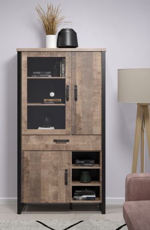 Vitrine Emile in Eiche Tabak und schwarz Wohn- und Esszimmer Vitrinenschrank 106 x 195 cm