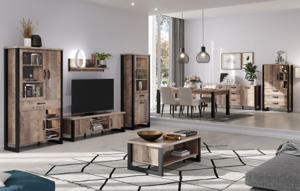 Vitrine Emile in Eiche Tabak und schwarz Wohn- und Esszimmer Vitrinenschrank 106 x 195 cm