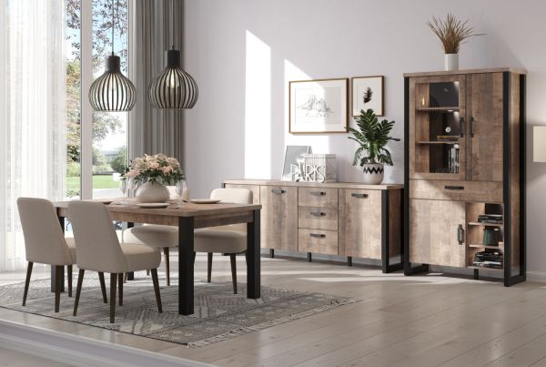 Vitrine Emile in Eiche Tabak und schwarz Wohn- und Esszimmer Vitrinenschrank 106 x 195 cm