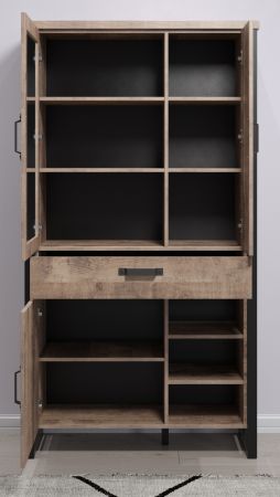 Vitrine Emile in Eiche Tabak und schwarz Wohn- und Esszimmer Vitrinenschrank 106 x 195 cm