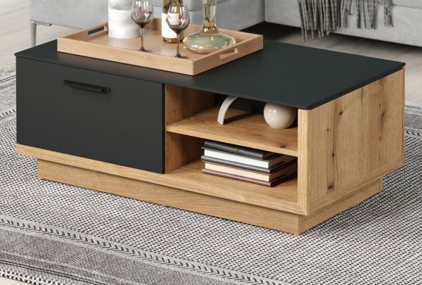 Couchtisch Synnax in grau und Evoke Eiche Beistelltisch mit Stauraum 110 x 60 cm