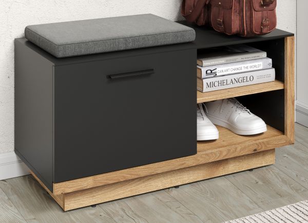 Garderobe Sitzbank Synnax in grau und Evoke Eiche Garderobenbank und Schuhschrank 90 x 48 cm