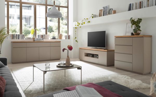 Kommode Palamos in warmgrau matt lackiert und Akazie massiv Wohn- und Esszimmer Sideboard 100 cm