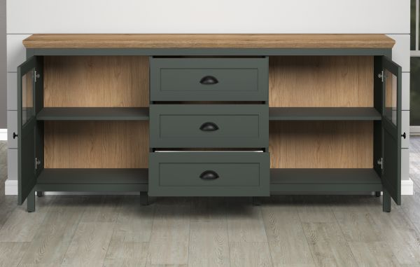 Sideboard Stanton in gr�n und Evoke Eiche Landhaus Wohn- und Esszimmer Kommode inklusive LED 185 cm
