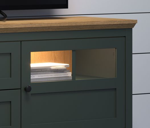 TV-Lowboard Stanton in grn und Evoke Eiche Landhaus TV Unterteil mit Komforthhe inklusive LED 184 x 64 cm