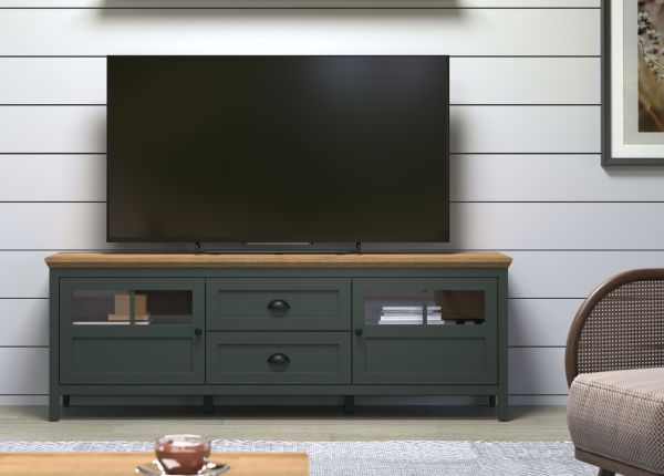 TV-Lowboard Stanton in grn und Evoke Eiche Landhaus TV Unterteil mit Komforthhe inklusive LED 184 x 64 cm