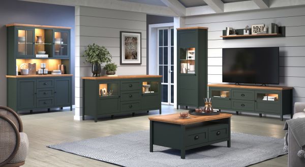 TV-Lowboard Stanton in grn und Evoke Eiche Landhaus TV Unterteil mit Komforthhe inklusive LED 184 x 64 cm