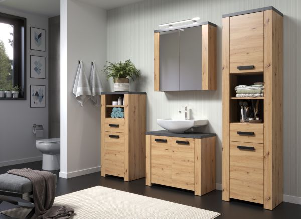 Badezimmer Hochschrank Follow in Artisan Eiche und Matera grau Badschrank 53 x 196 cm