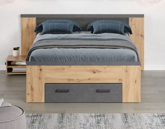 Stauraumbett Follow in Artisan Eiche und grau Set mit 2x Nachttisch und 3x Bettschubkasten Bett 140 x 200 cm