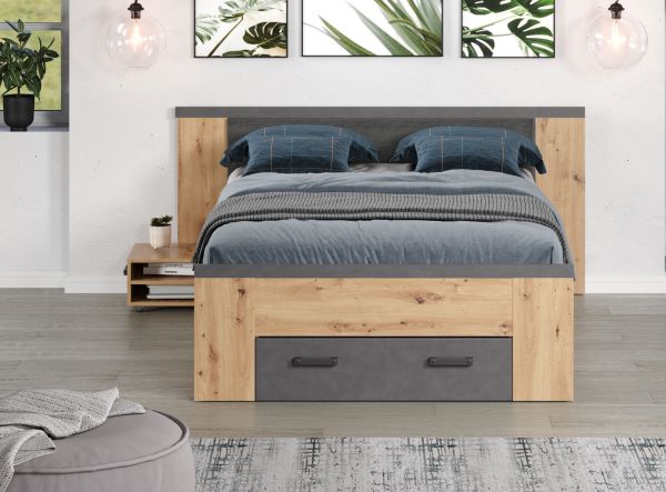 Stauraumbett Follow in Artisan Eiche und grau Set mit 2x Nachttisch und 3x Bettschubkasten Bett 140 x 200 cm