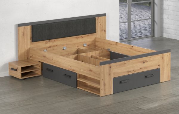 Stauraumbett Follow in Artisan Eiche und grau Set mit 2x Nachttisch und 3x Bettschubkasten Bett 140 x 200 cm
