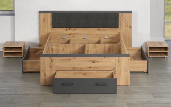 Stauraumbett Follow in Artisan Eiche und grau Set mit 2x Nachttisch und 3x Bettschubkasten Bett 140 x 200 cm