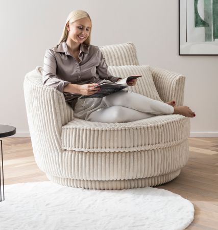 Drehsessel Comfy in wollwei Mega-Cord XL Sessel 360 drehbar inklusive 3 x Kissen