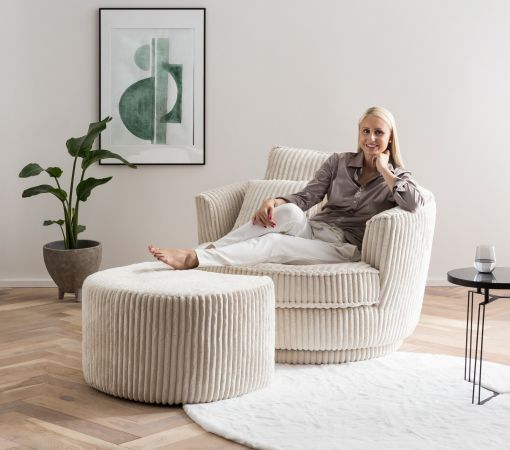 Drehsessel Comfy in wollwei Mega-Cord XL Sessel 360 drehbar inklusive 3 x Kissen